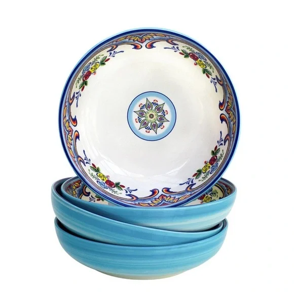 Euro Ceramic Zanzibar Pasta Bowls Set of Eight Spanish Style Floral Stoneware - Picture 3 of 8